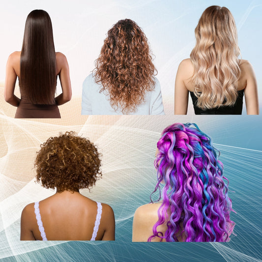 A collage showcasing diverse hair types, including straight, curly, wavy, and vibrant colored hair. Represents the versatility of natural haircare solutions for all textures.