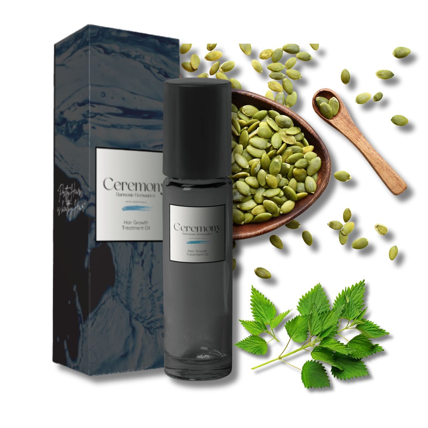 Ceremony organic hair growth oil in a sleek black bottle, surrounded by natural ingredients including pumpkin, pumpkin seeds, nettle leaves, and nourishing botanical extracts. A preservative-free, plant-based treatment designed to strengthen hair, promote growth, and nourish the scalp.