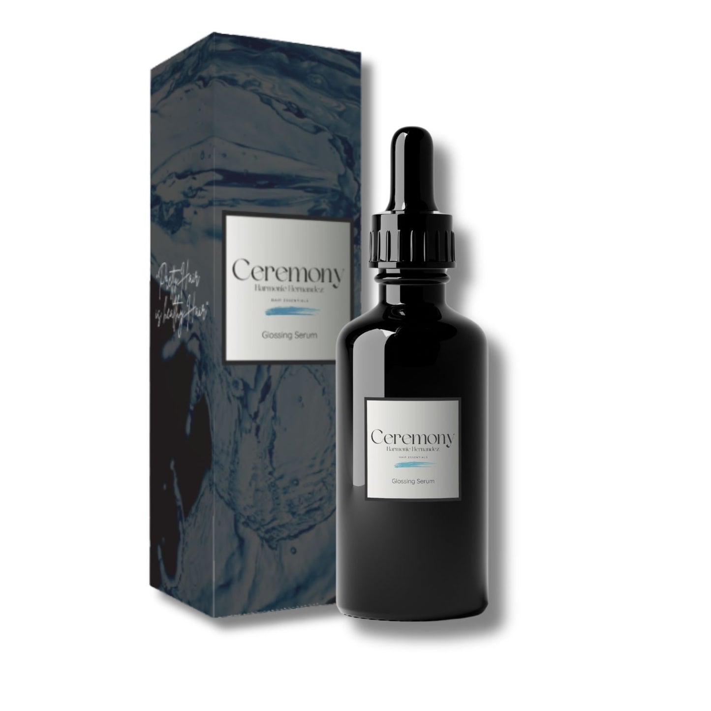 Organic glossing serum bottle with dropper and packaging labeled 'Ceremony' on a white background