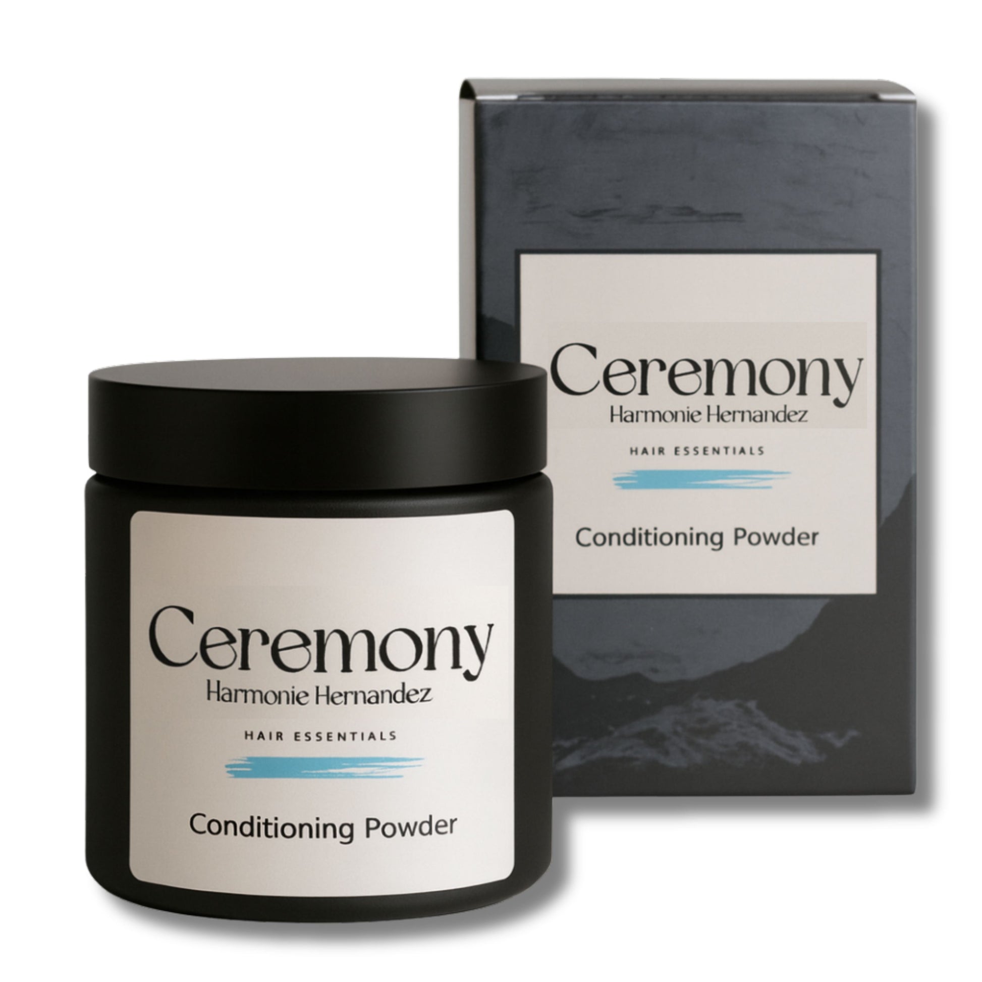 Ceremony organic powder scrub conditioning  jar and packaging on a white background