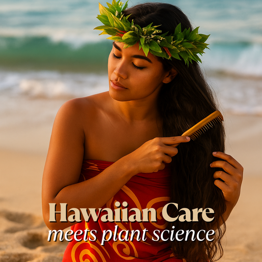 Hawaiian woman practicing natural hair ritual with flower crown, showcasing Ceremony by Harmonie Hernandez eco-luxury haircare