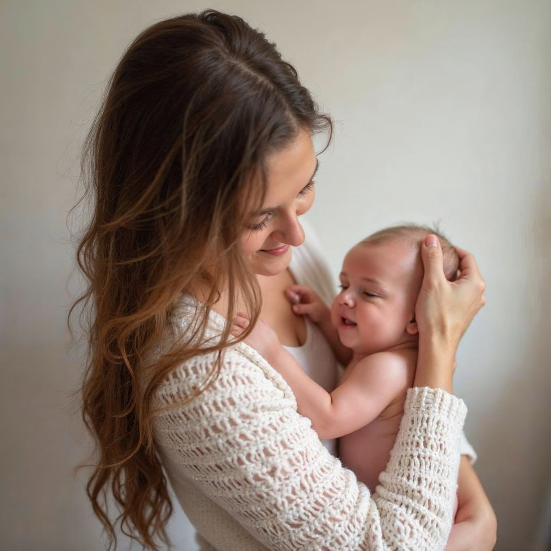 A smiling mother with long, wavy brown hair gently cradles her baby while standing against a soft, neutral background. The baby looks up at her with a content expression.