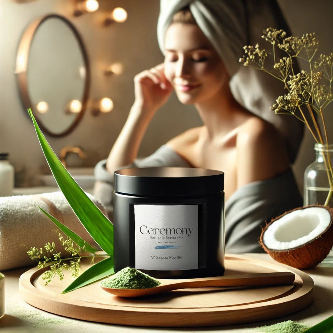 A woman in a towel and robe smiles in a softly lit bathroom, next to a jar of Ceremony Hair Essentials Powder Shampoo. Surrounded by natural ingredients like aloe vera, matcha, and coconut, the setting evokes a luxurious, spa-like self-care routine.