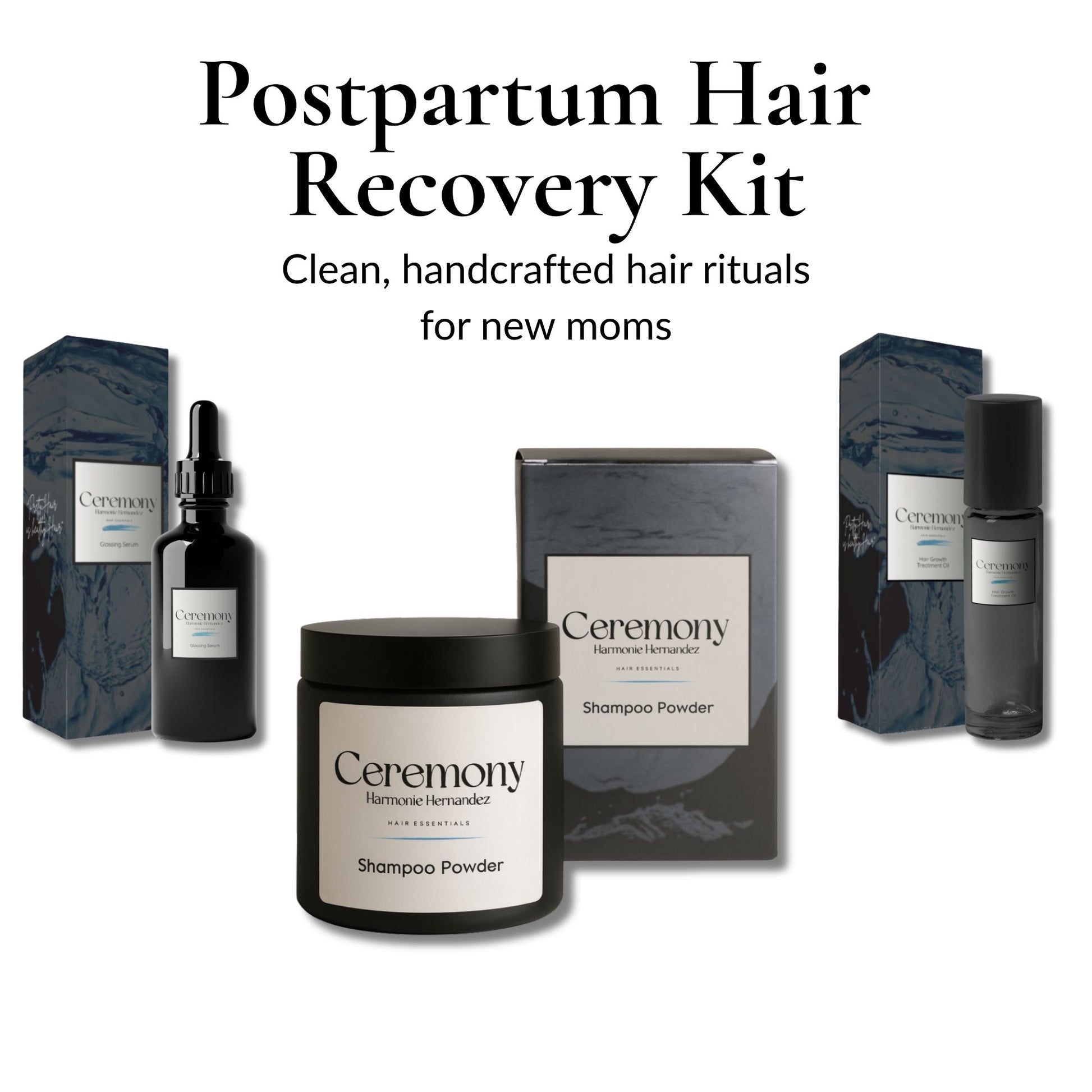 Postpartum hair recovery kit with products and packaging on a white background
