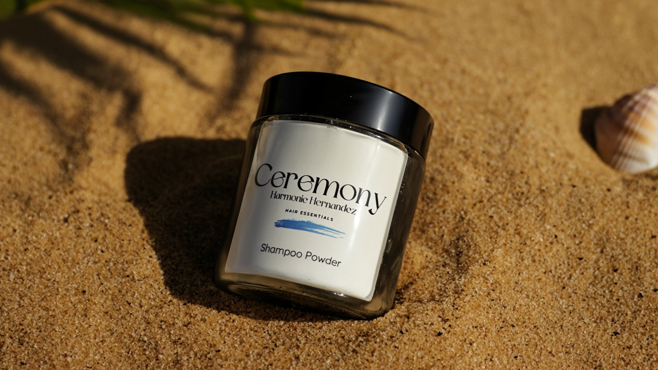 Ceremony Shampoo Powder glass jar resting on warm beach sand, seashell behind.