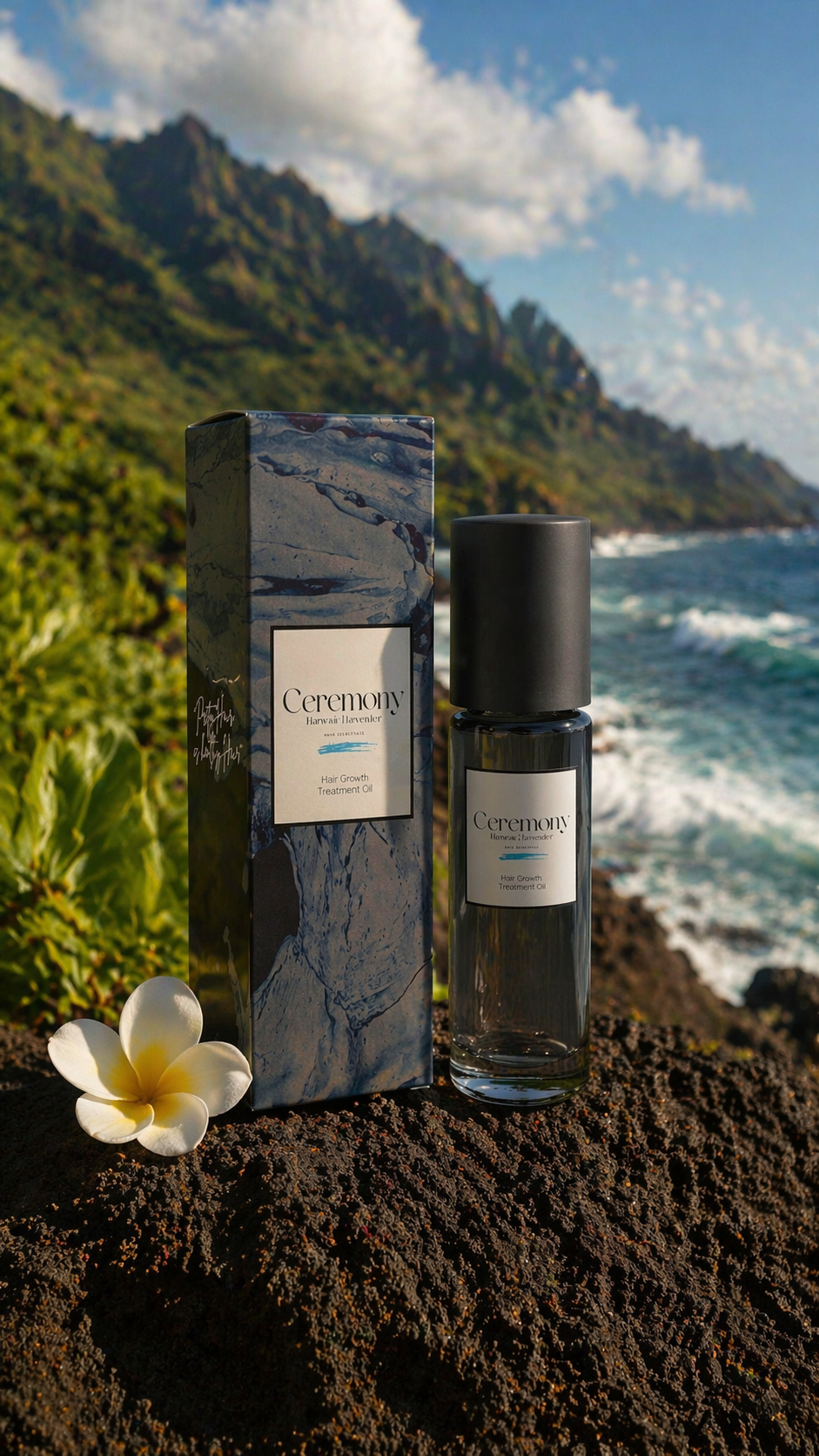 ceremony organic hair growth oil - hair oil bottle box hawaii coast - made in small batches on kaua'i