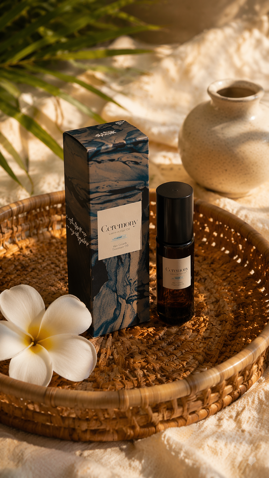 ceremony organic hair growth oil - hair oil bottle box wicker tray plumeria - made in small batches on kaua'i
