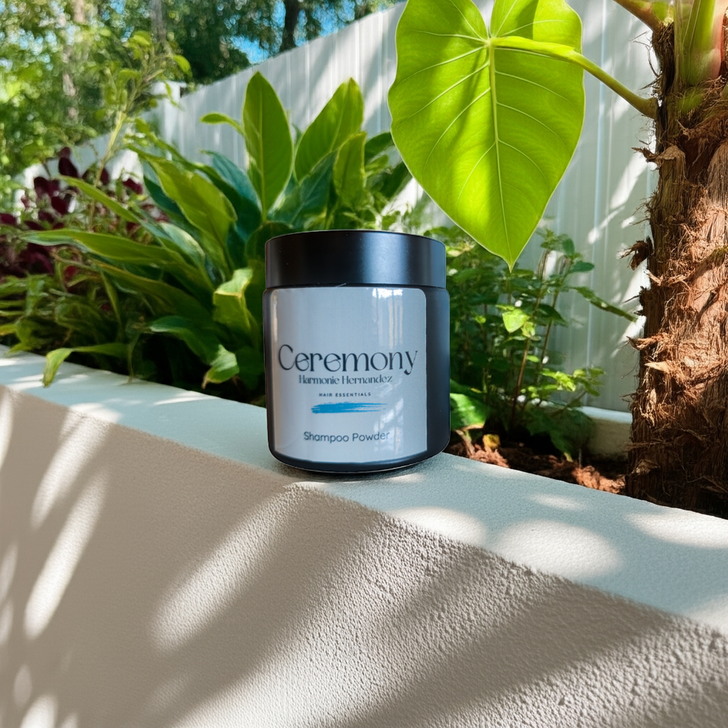 ceremony organic shampoo powder - shampoo powder jar outdoor garden - made in small batches on kaua'i