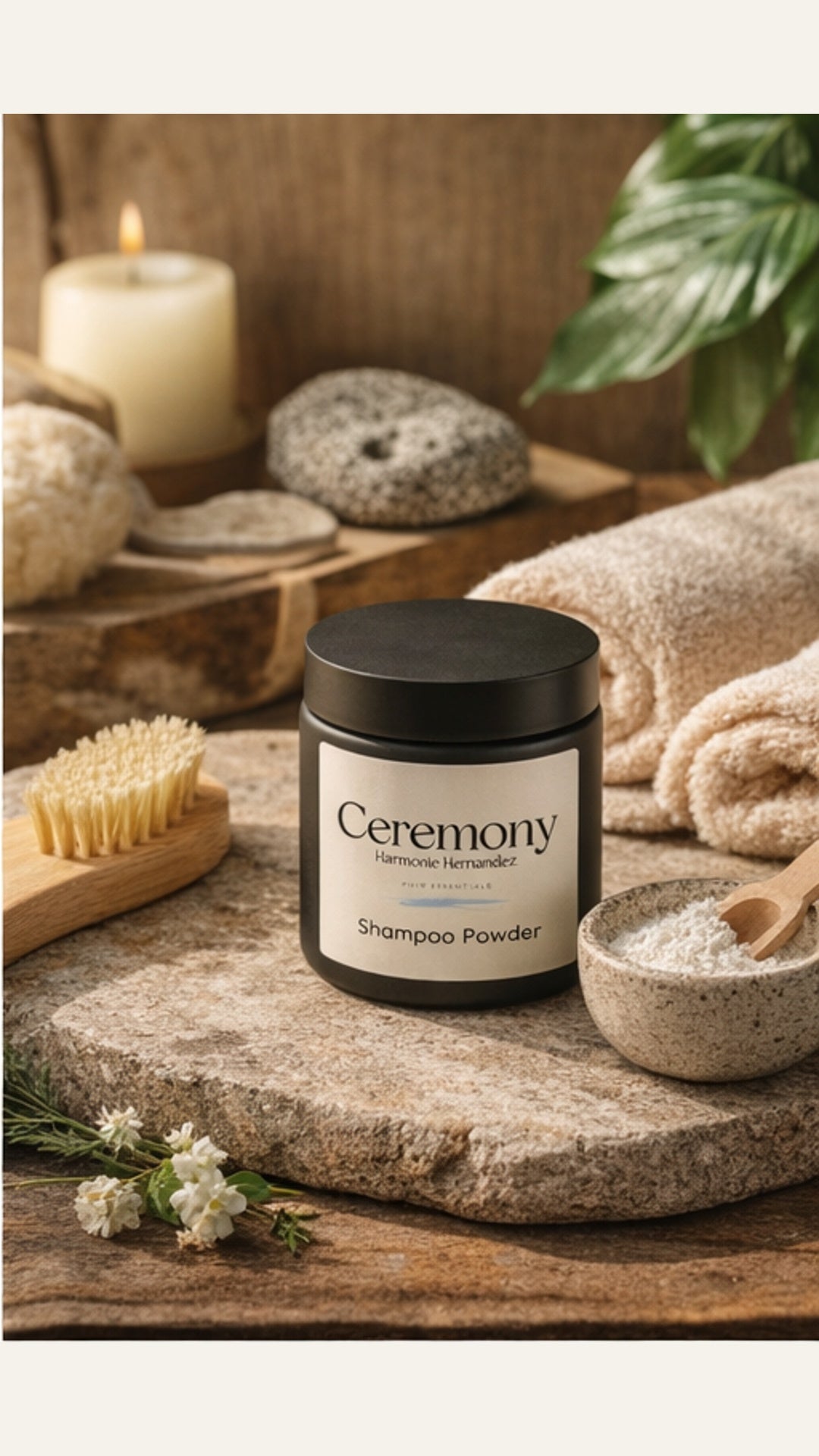 ceremony organic shampoo powder - shampoo powder jar ritual flat lay - made in small batches on kaua'i